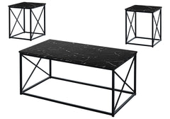 Table Set, 3pcs Set, Coffee, End, Side, Accent, Living Room, Black Marble Look Laminate, Black Metal, Contemporary, Modern