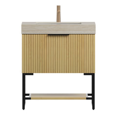 YOLAN 30" Bathroom Vanity&Sink, Freestanding Striped Plywood Storage Cabinet with Drawer&Open Shelf, Roma Travertine Sintered Stone Top&Undermount Ceramic Basin, Pre-assembled, Corolla Oak Woodgrain