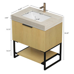 YOLAN 30" Bathroom Vanity&Sink, Freestanding Striped Plywood Storage Cabinet with Drawer&Open Shelf, Roma Travertine Sintered Stone Top&Undermount Ceramic Basin, Pre-assembled, Corolla Oak Woodgrain