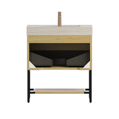 YOLAN 30" Bathroom Vanity&Sink, Freestanding Striped Plywood Storage Cabinet with Drawer&Open Shelf, Roma Travertine Sintered Stone Top&Undermount Ceramic Basin, Pre-assembled, Corolla Oak Woodgrain