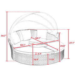 Hot Sale KD Rattan Round Lounge With Canopy Bali Canopy Bed Outdoor, Wicker Outdoor Sofa Bed with lift coffee table