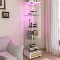 Modern Glass Display Cabinet with Drawer , Quick-assembly Antique Cabinet with LED lights, Tempered Glass Bookshelf, 1-Door Storage Case with 4 Shelves for Living Room and Bedroom, white and natural