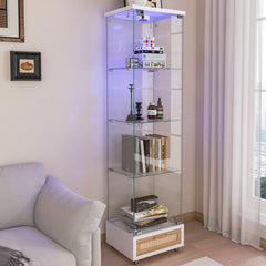 Modern Glass Display Cabinet with Drawer , Quick-assembly Antique Cabinet with LED lights, Tempered Glass Bookshelf, 1-Door Storage Case with 4 Shelves for Living Room and Bedroom, white and natural