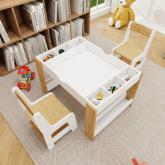 Kids 2 in 1 Play Table & 2 Chairs Set,with 7 Storage Compartments,Compatible with LEGO Building Block,Modern Activity Learning Table Game Furniture-White