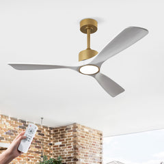 52 Inch 3 Rod Solid Wood Ceiling Fan With Light Kit Dimmable LED, DC 6 Speed ,Remote Control Ceiling Fan for Patio Living Room, Bedroom, Office,Indoor.(GOLD +WHITE)