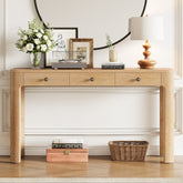 TREXM Rustic Console Table with Curved Corners for Safety, Entryway Table with 3 Concealed Drawers, Sturdy Sofa Table with Thick Legs for Hallway & Living Room (Light Oak)