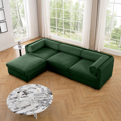 Elegant Green Chenille Sofa with Storage Seat and Ottoman, L-Shaped 3-Seater Cylindrical Backrest and Armrests, Contemporary 3-Seater Fabric Couch with Hidden Storage Compartment