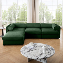 Elegant Green Chenille Sofa with Storage Seat and Ottoman, L-Shaped 3-Seater Cylindrical Backrest and Armrests, Contemporary 3-Seater Fabric Couch with Hidden Storage Compartment