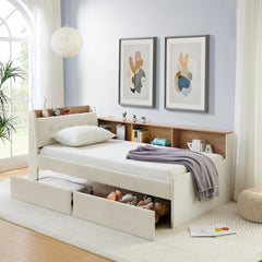 Twin Size Upholstery Velvet Day Bed with Storage Headboard and Wireless Charging, Multi-functional Daybed with Two Storage Drawers & LED Lights, Beige