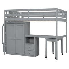 Full Size Loft Bed with Stairs, Bookshelf, Drawers, Desk & Wardrobe – Space-Saving Multifunctional Furniture for Kids & Teens-Gray