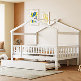 Full Size Wooden House Bed with Twin Size Trundle, White