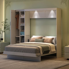 Queen Size Murphy Bed Wall Bed with Shelves, Wardrobe and LED Lights,White