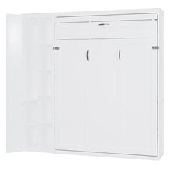Queen Size Murphy Bed Wall Bed with Shelves, Wardrobe and LED Lights,White