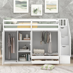 Functional Loft Bed with 3 Shelves, 2 Wardrobes and 2 Drawers, Ladder with Storage, No Box Spring Needed, White