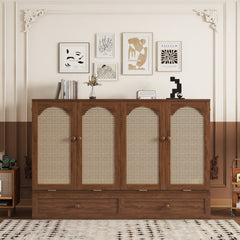 Queen Size Murphy Bed, Pine Wood Cabinet Bed with Power Station and Rattan Decoration Panel,Walnut