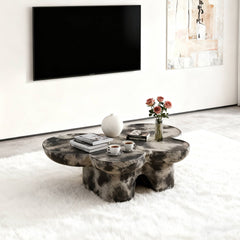Butterfly design style, coffee table, imitation natural limestone material, suitable for living room/office, fiberglass, black and beige combination.