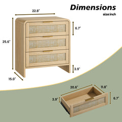 Rattan Nightstand 3 Drawers, 22.8" Wide Curved Wooden Bedside Table, Modern Storage for Bedroom, Natural Oak.
