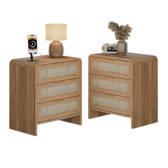 Rattan Nightstand with 3 Drawers set of 2, 22.8" Wide Curved Wooden Bedside Table, Modern Storage for Bedroom, Caramel Oak.