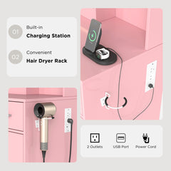 Lavin Makeup Vanity Set, Vanity Desk with Stool, LED Light Mirror and Charging Station, Pink