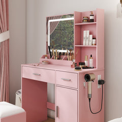 Lavin Makeup Vanity Set, Vanity Desk with Stool, LED Light Mirror and Charging Station, Pink