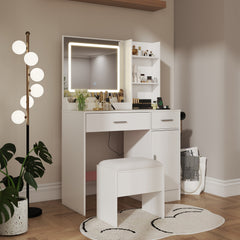 Lavin Makeup Vanity Set, Vanity Desk with Stool, LED Light Mirror and Charging Station, White