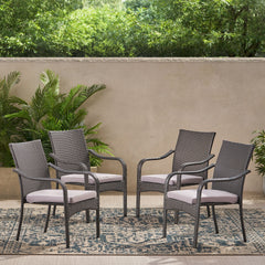 Outdoor PE Rattan Stacking Chair with Iron Frame and Cushions(Set of 4), Grey Wicker