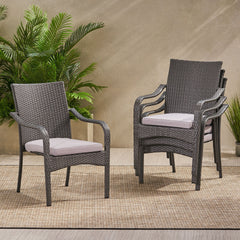 Outdoor PE Rattan Stacking Chair with Iron Frame and Cushions(Set of 4), Grey Wicker