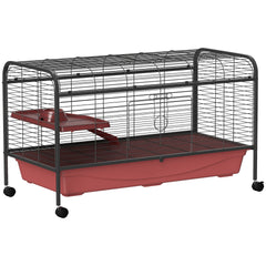 PawHut 48" L Small Animal Cage, Rabbit Hutch, or Ferret Pet Play House with Feeder, Rolling Wheels, Platform, Ramp