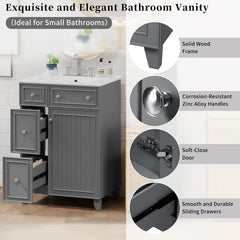 24" Gray Bathroom Vanity Cabinet with Ceramic Sink, 2 Drawers, 1 Soft-Close Door