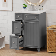 24" Gray Bathroom Vanity Cabinet with Ceramic Sink, 2 Drawers, 1 Soft-Close Door