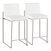 Fuji Contemporary High Back Counter Stool in Stainless Steel and White Faux Leather by LumiSource - Set of 2