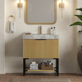 YOLAN 30" Bathroom Vanity&Sink, Freestanding Striped Plywood Storage Cabinet with Drawer&Open Shelf, Light Gray Sintered Stone Top&Undermount Ceramic Basin, Pre-assembled, Corolla Oak Woodgrain Color