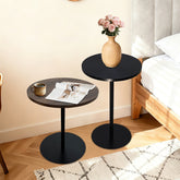Set of 2 Small Round Side Table Wooden Concentric Circles Coffee Table for Two Metal Pedestal Nightstand for Corner Small Space (Walnut Brown & Black)