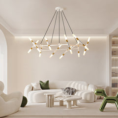 41" White & Golden Modern Chandelier Light Fixture, Branch Design with Frosted Tubes, Black Cords, Adjustable Height Pendant Light for Dining Room, Living Room, or Kitchen Island (Bulb Not Included)