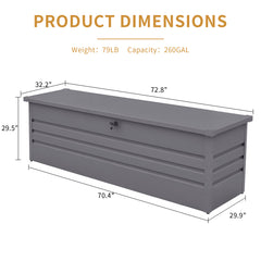260 Gallon Metal Outdoor Deck Box Waterproof, Extra Large Patio Storage Box with Lockable Storage Containers for Patio Furniture Cushions, Pool Accessories, Garden Tools Light Gray