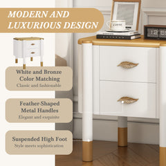 Contemporary 2 Drawers Nightstand with Curved Profile Design, Bedside Table with Metal Feather-Shaped Handles and Exposed Legs, End Table for Living Room and Bedroom, Easy Assembly, White