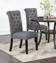 Modern Classic Dining Room Furniture Natural Wood Round Dining Table 4x Side Chairs Charcoal Fabric Tufted Roll Back Top Chair Storage Shelve 5pc Dining Set