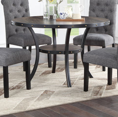 Modern Classic Dining Room Furniture Natural Wood Round Dining Table 4x Side Chairs Charcoal Fabric Tufted Roll Back Top Chair Storage Shelve 5pc Dining Set