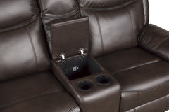 Dark Brown 1pc Double Glider Recliner Loveseat w/ Storage Console Cup Holder, Power Outlets USB Ports Faux Leather Upholstery Plush Seating Living Room Furniture