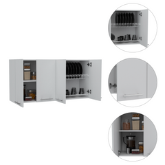 White and Light Oak 4-Shelf 6-Door 2-piece Kitchen Set, Kitchen Island and Upper Wall Cabinet