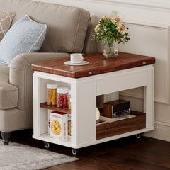 27.6'' Modern Multi-Function Coffee Table/Side Table with Foldable Top & Casters, Multi-tier storage, White & Walnut