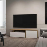 Natural Oak and White TV Stand with Drop-Down Door and Open Shelf