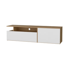 Natural Oak and White TV Stand with Drop-Down Door and Open Shelf