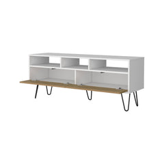 White and Natural Oak TV Stand with 2 Doors and Open Storage