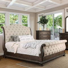 Rustic Natural Tone 1pc Queen Size Bed Beige Fabric Button Tufted Sleigh Bed Bedroom Furniture Solidwood