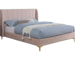Contemporary Light Pink Queen Size Bed Wingback Headboard 1pc Bed Velvet Like Fabric Gold Metal Legs