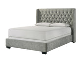 1pc Contemporary Upholstered Bed Frame Tufted Headboard Soft Tweed Fabric Winged Headboard Gray