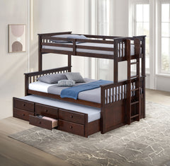 Transitional Twin Over Full Bunk Bed With Ladder And Underbed Drawers, Dark Walnut