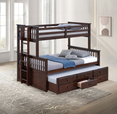 Transitional Twin Over Full Bunk Bed With Ladder And Underbed Drawers, Dark Walnut