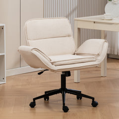 Criss Cross Chair with 5-Gear Adjustable Armrests & Wheels, Ergonomic Thickened Backrest Swivel Desk Chair for Home Office, Vanity, Bedroom and Living Room, Beige Cloth